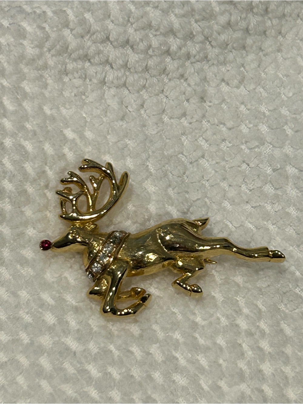 Trifari Gold-tone Running Reindeer Brooch with Red Nose